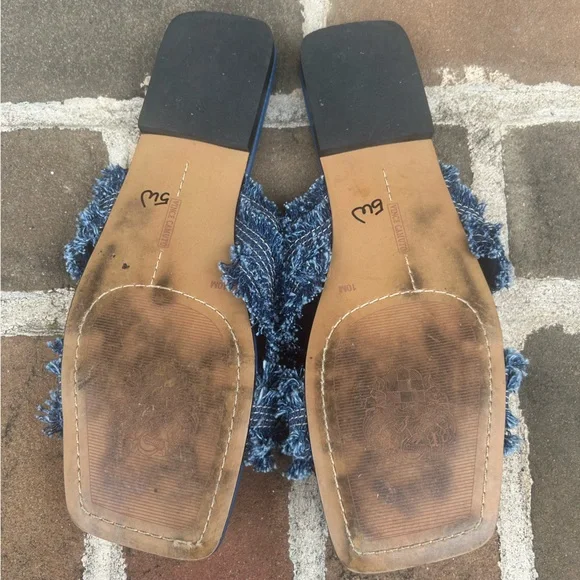 Vince Camuto Alanina Blue Denim Frayed Fringe Square Toe Flat Slides Mules 10 - Picture 7 of 8